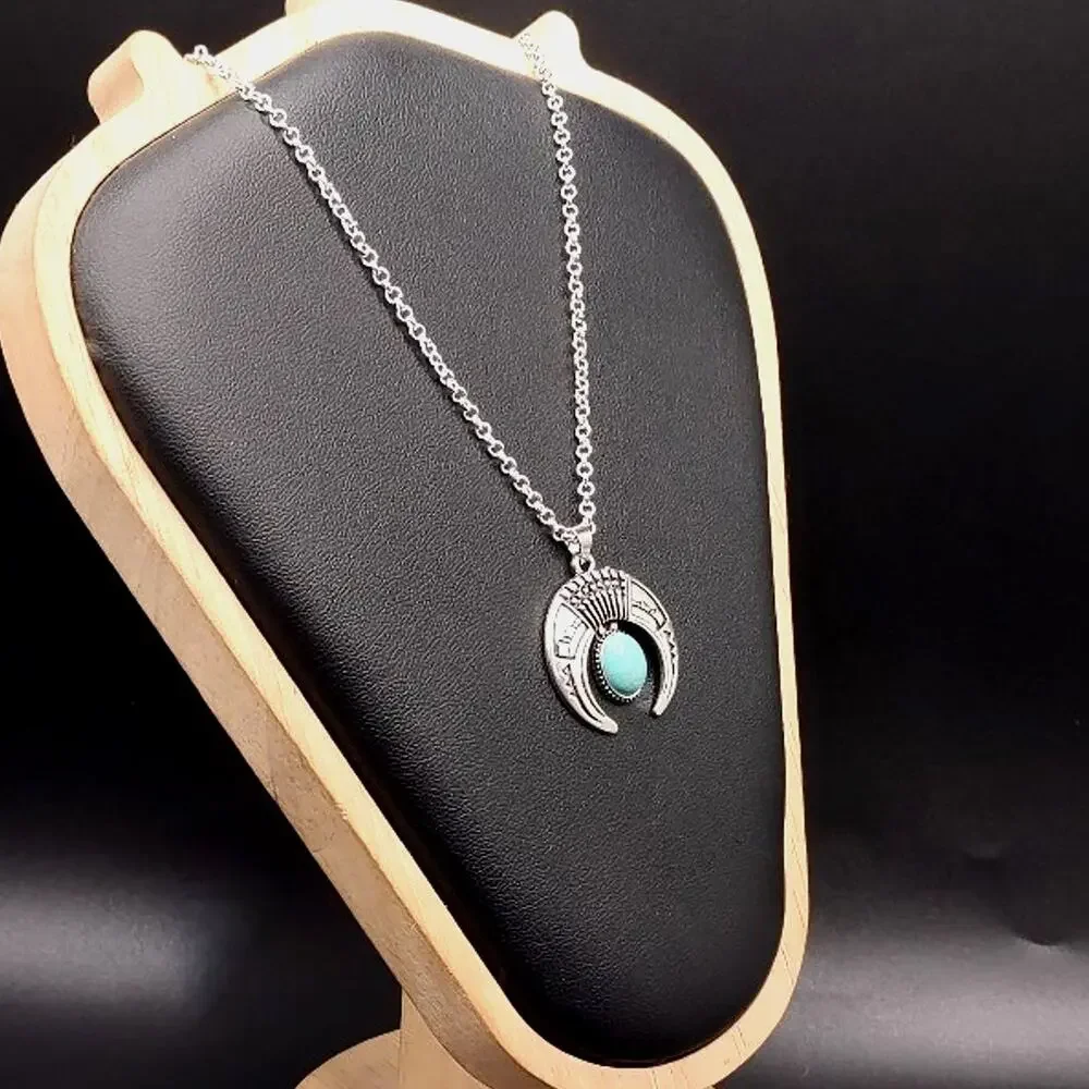 925 Silver Necklace w/ Turquoise Crescent Moon Pendant Women's Vintage Boho Gift